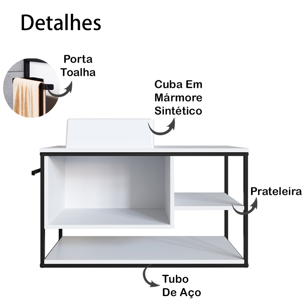 Gabinete Suspenso Banheiro 80 cm Com Cuba Preto Branco P1007 PP