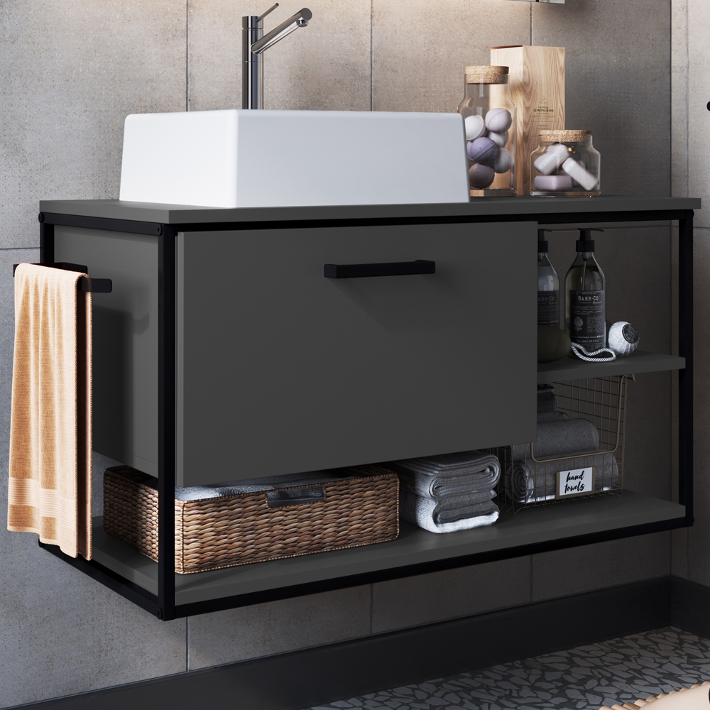 Gabinete Suspenso Banheiro 80 cm Com Cuba Preto Grafite P1007 PP