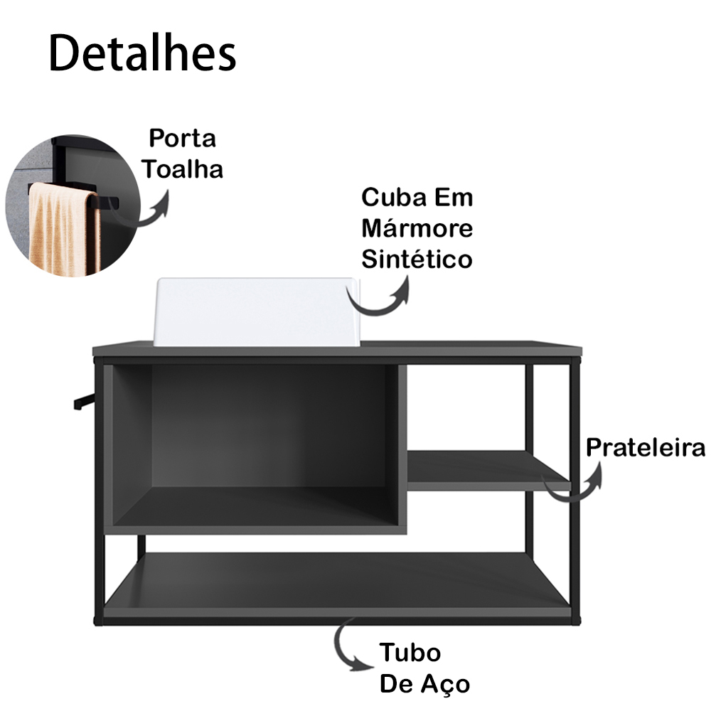 Gabinete Suspenso Banheiro 80 cm Com Cuba Preto Grafite P1007 PP