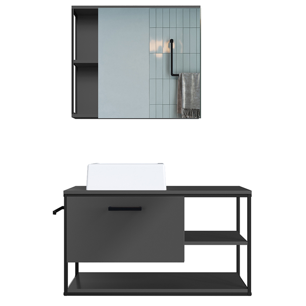 Gabinete Suspenso Banheiro 80 cm Cuba E Espelheira Preto Grafite P1013 PP
