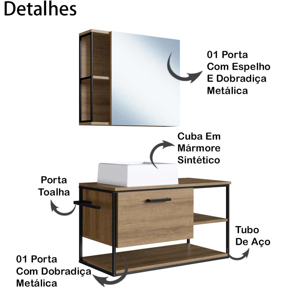 Gabinete Suspenso Banheiro 80 cm Cuba E Espelheira Preto Mell P1013 PP