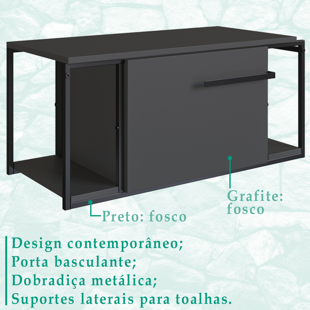 Gabinete Suspenso Para Banheiro 1 PT Basc P1019 Preto Grafite PP