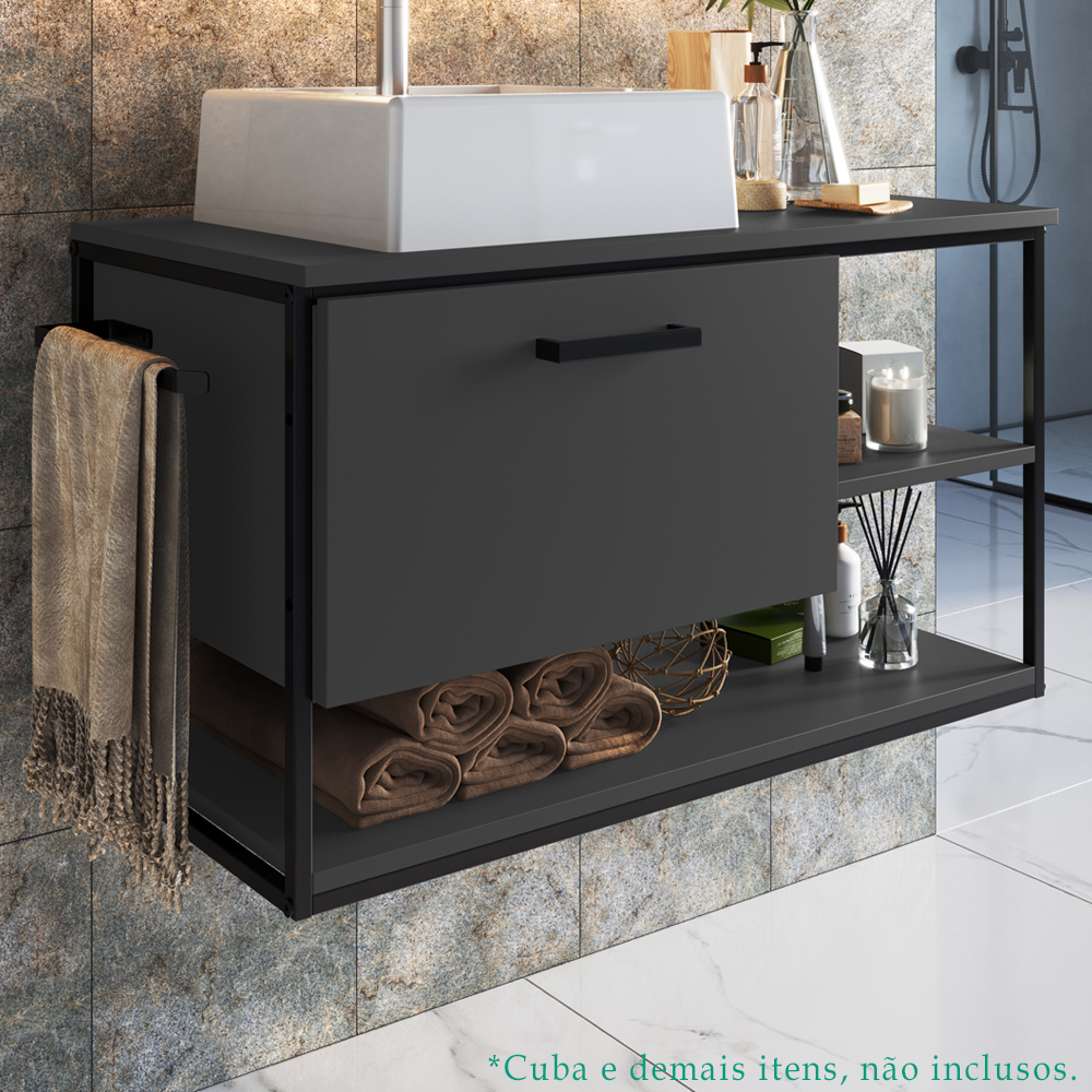 Gabinete Suspenso Para Cuba Banheiro 1 PT Basc P1007 Preto Grafite PP