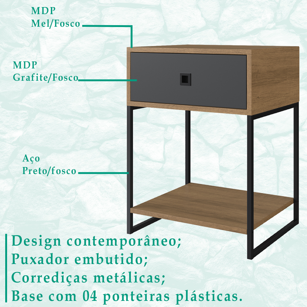 Mesa De Cabeceira Estilo Industrial 01 Gvt P1026 Mell Grafite PP