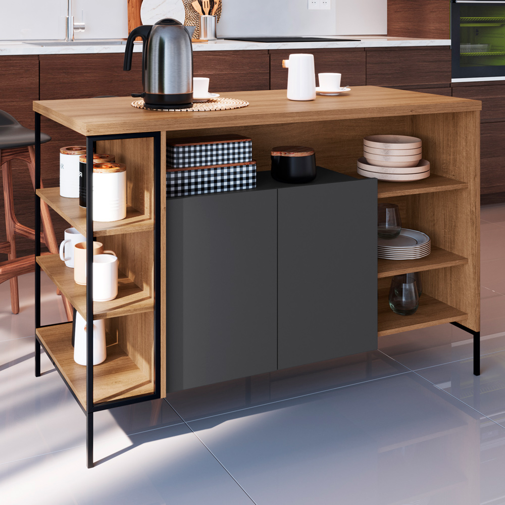 Mesa Ilha Gourmet 131 cm 2 Portas P1035 Grafite Mell PP Milani Store