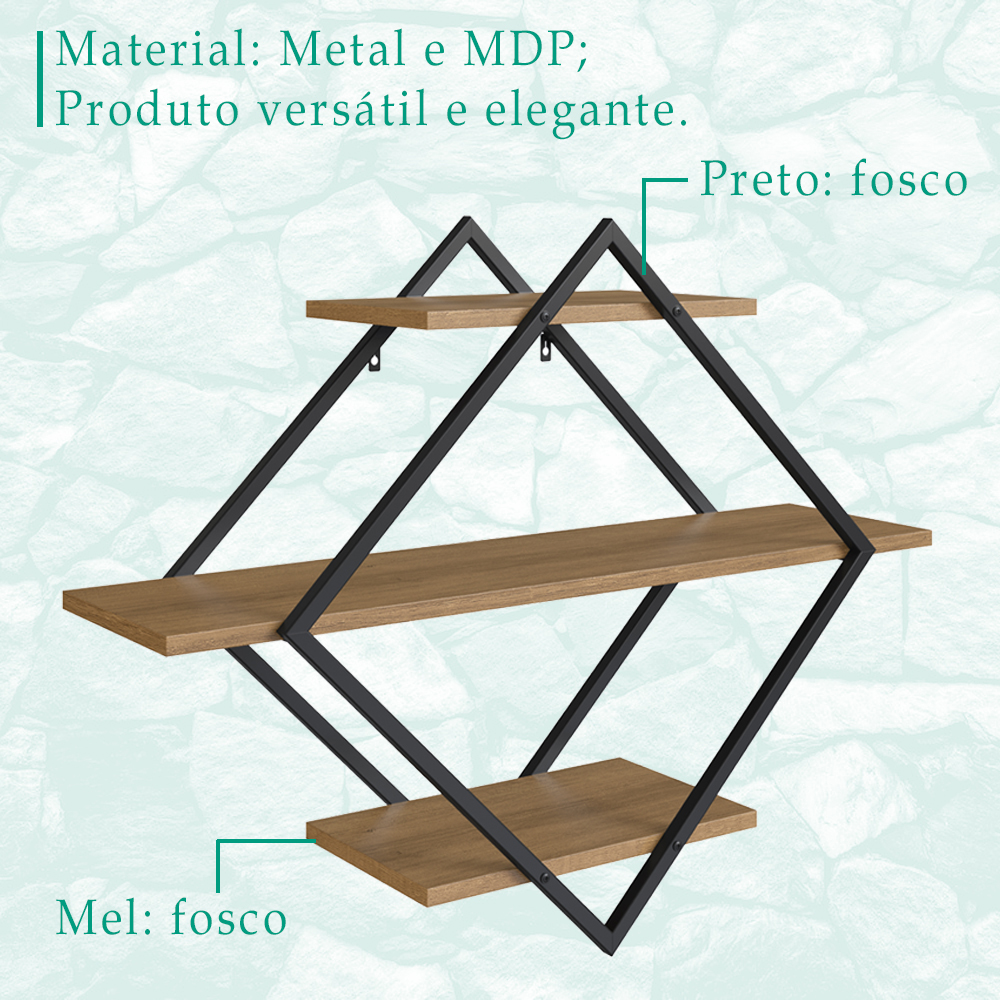 Prateleira Nicho 80X62 Cm Industrial Losango P1018 Preto Mell PP