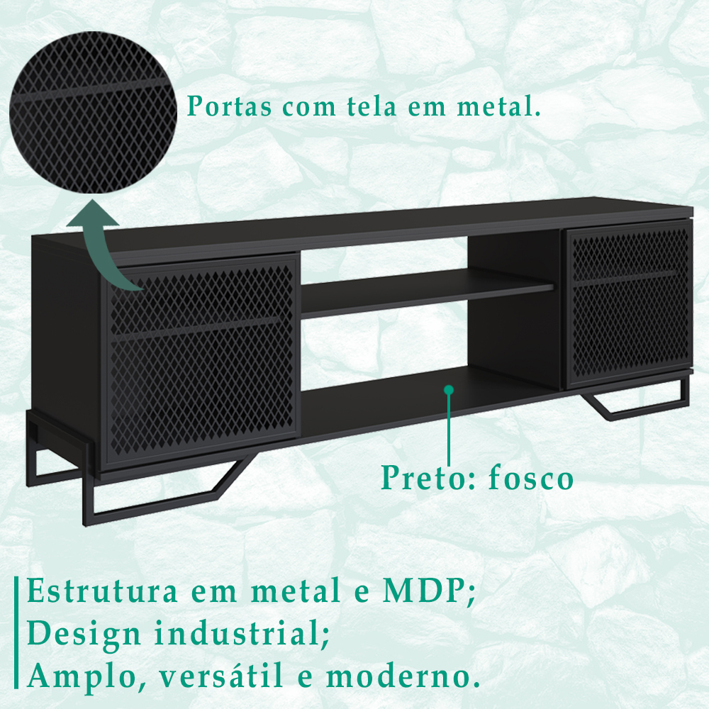 Rack 180 Cm 2 PT Aparador 130 Cm Industrial 27X21 Preto PP