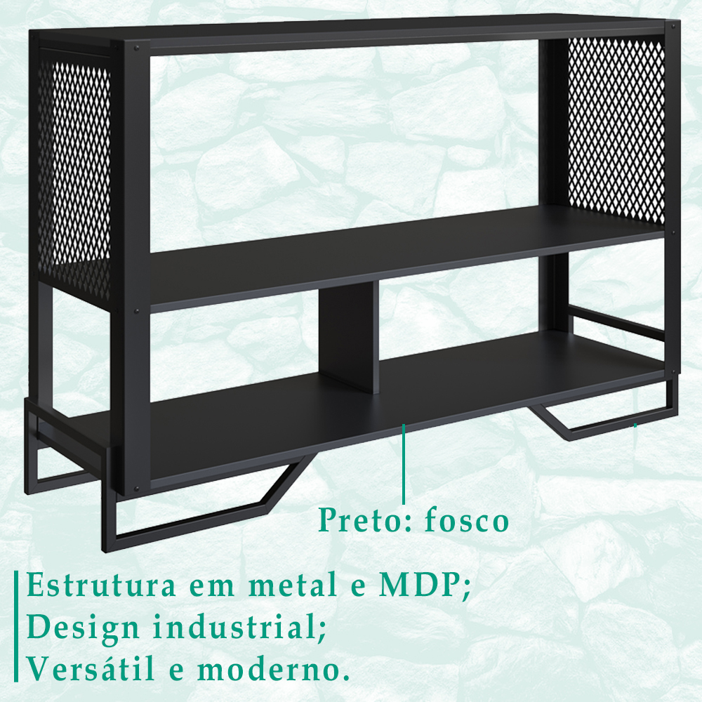 Rack 180 Cm Gaveta Aparador 130 Cm Industrial 17X21 Preto Mell PP