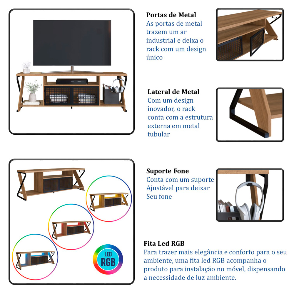 Rack Industrial 160cm Tv 60 com LED P1033 Mell PP Milani Store
