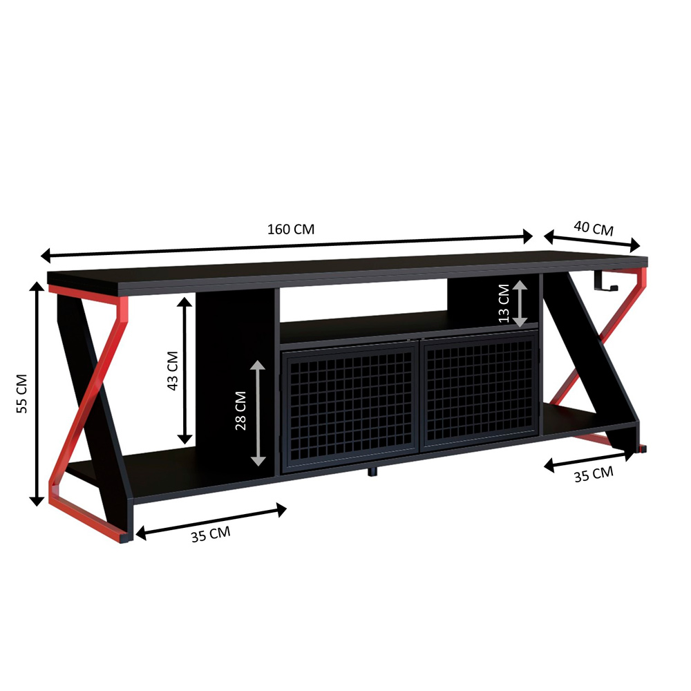 Rack Industrial 160cm Tv 60 com LED P1033 Vermelho Preto PP Milani Store