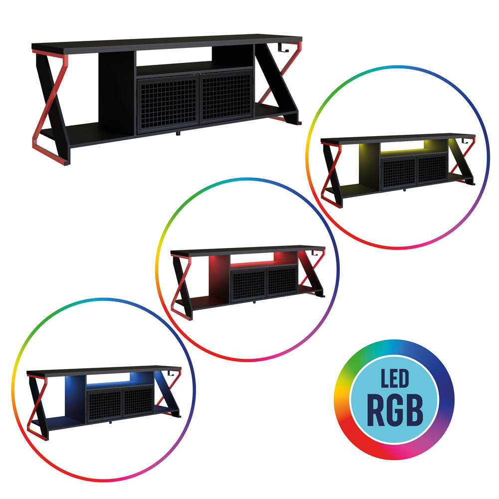 Rack Industrial 160cm Tv 60 com LED P1033 Vermelho Preto PP Milani Store