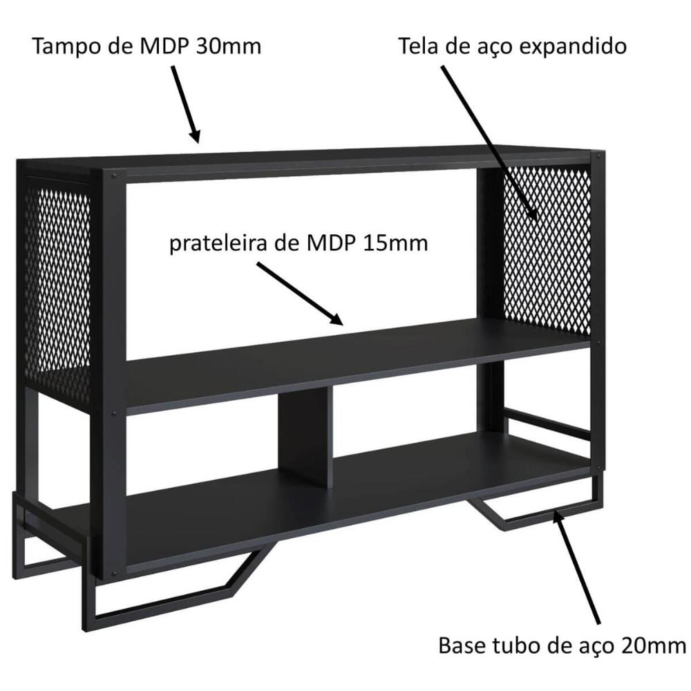 Aparador 2 Prateleiras Estilo Industrial Telado P1021 Preto Placa e Ponto