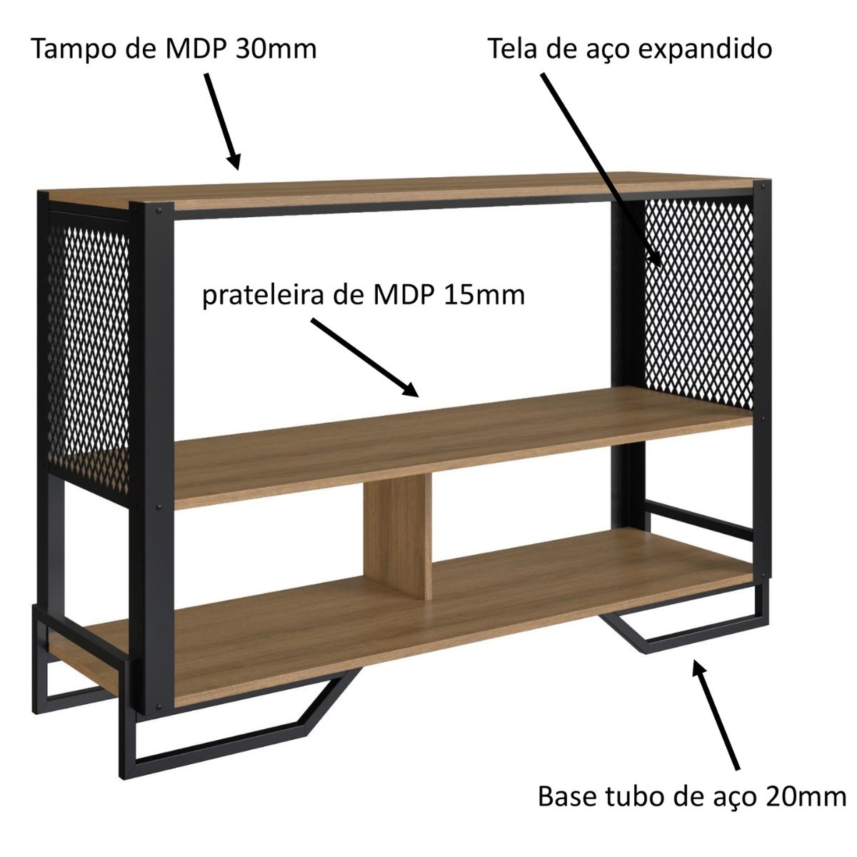Aparador Industrial com Estrutura e Tela Metálica Mel