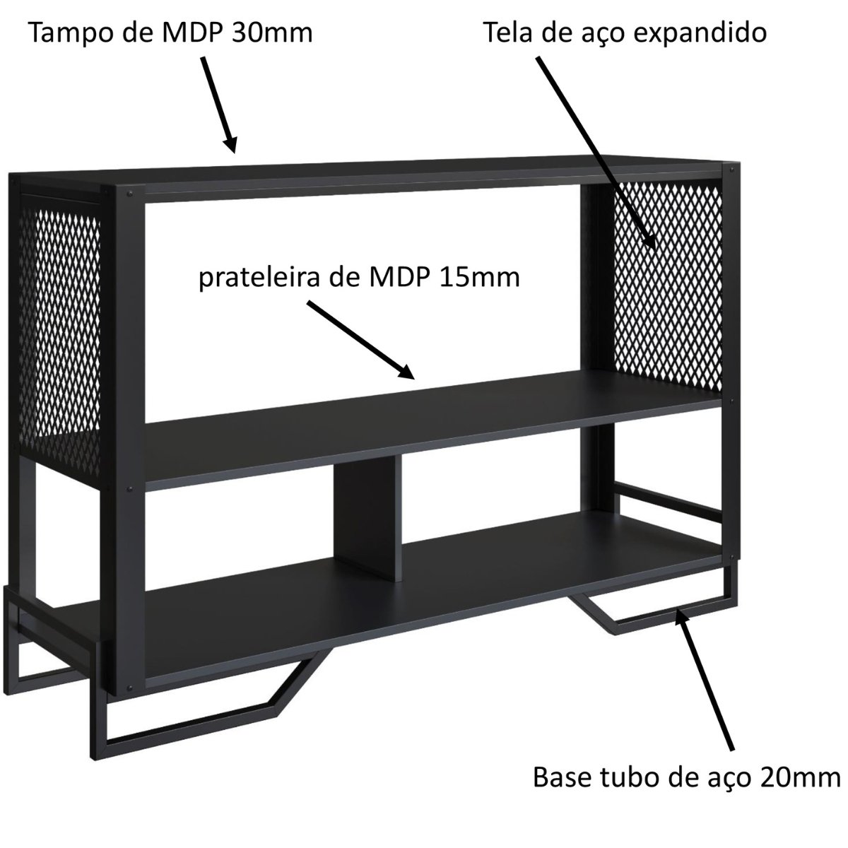 Aparador Industrial com Estrutura e Tela Metálica Preto