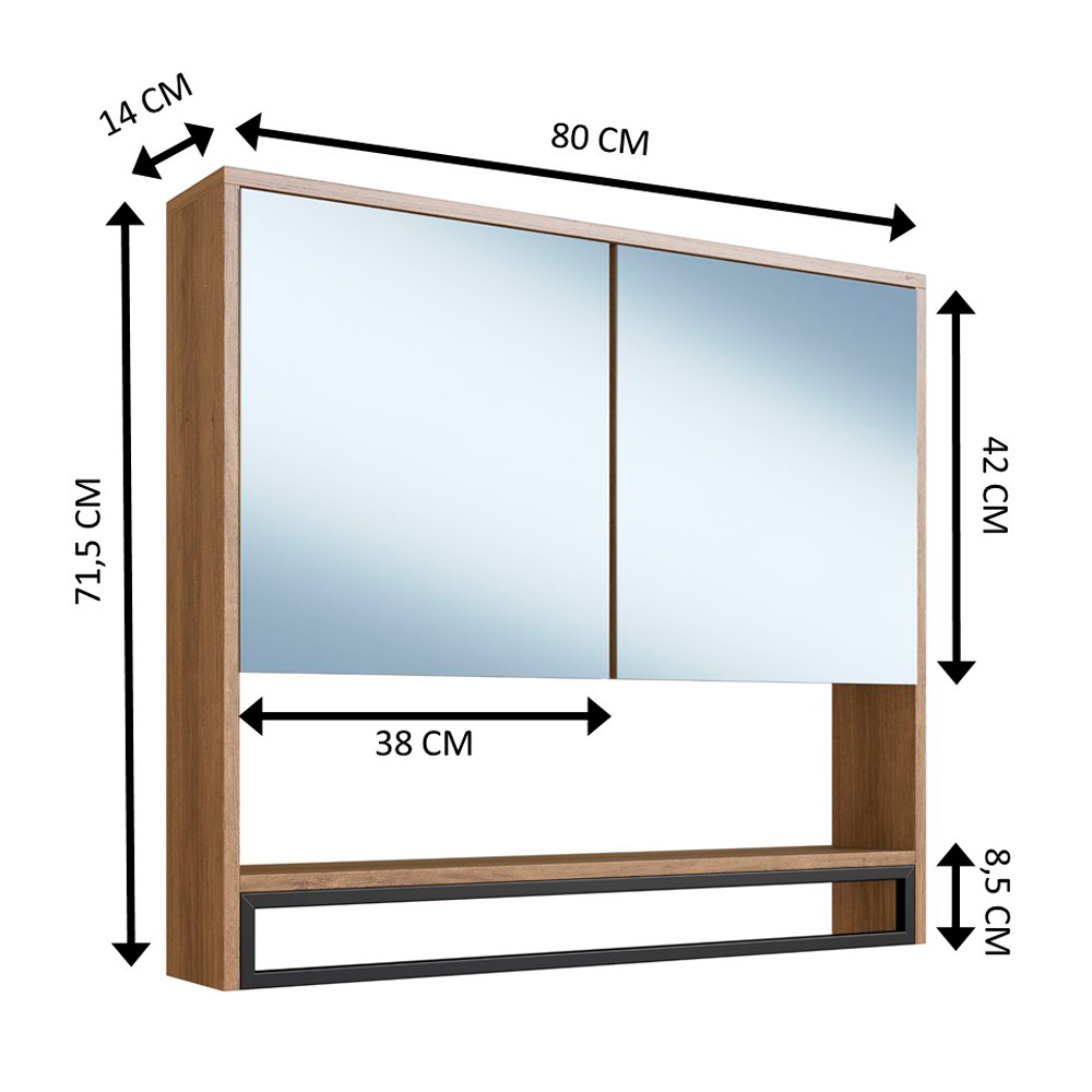 Armario Espelheira Suspenso 80 cm 2 Portas e Toalheiro P1041 Mell PP Milani Store