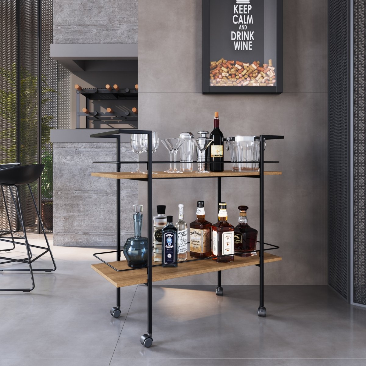 Carrinho Bar Industrial 2 Prateleiras com Rodízios Mel