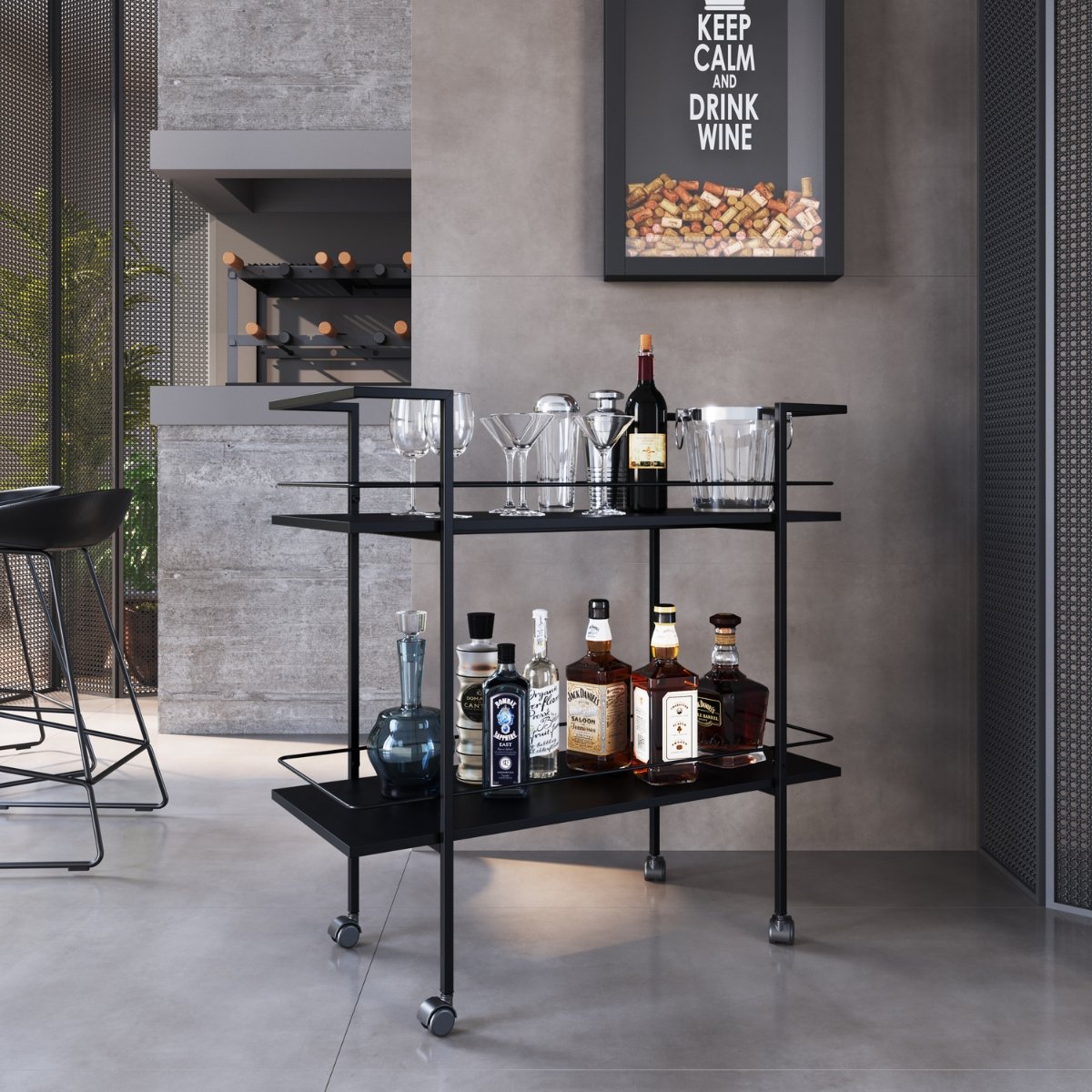 Carrinho Bar Industrial 2 Prateleiras com Rodízios Preto