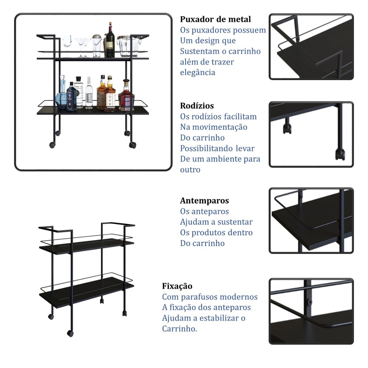 Carrinho Bar Industrial 2 Prateleiras com Rodízios Preto