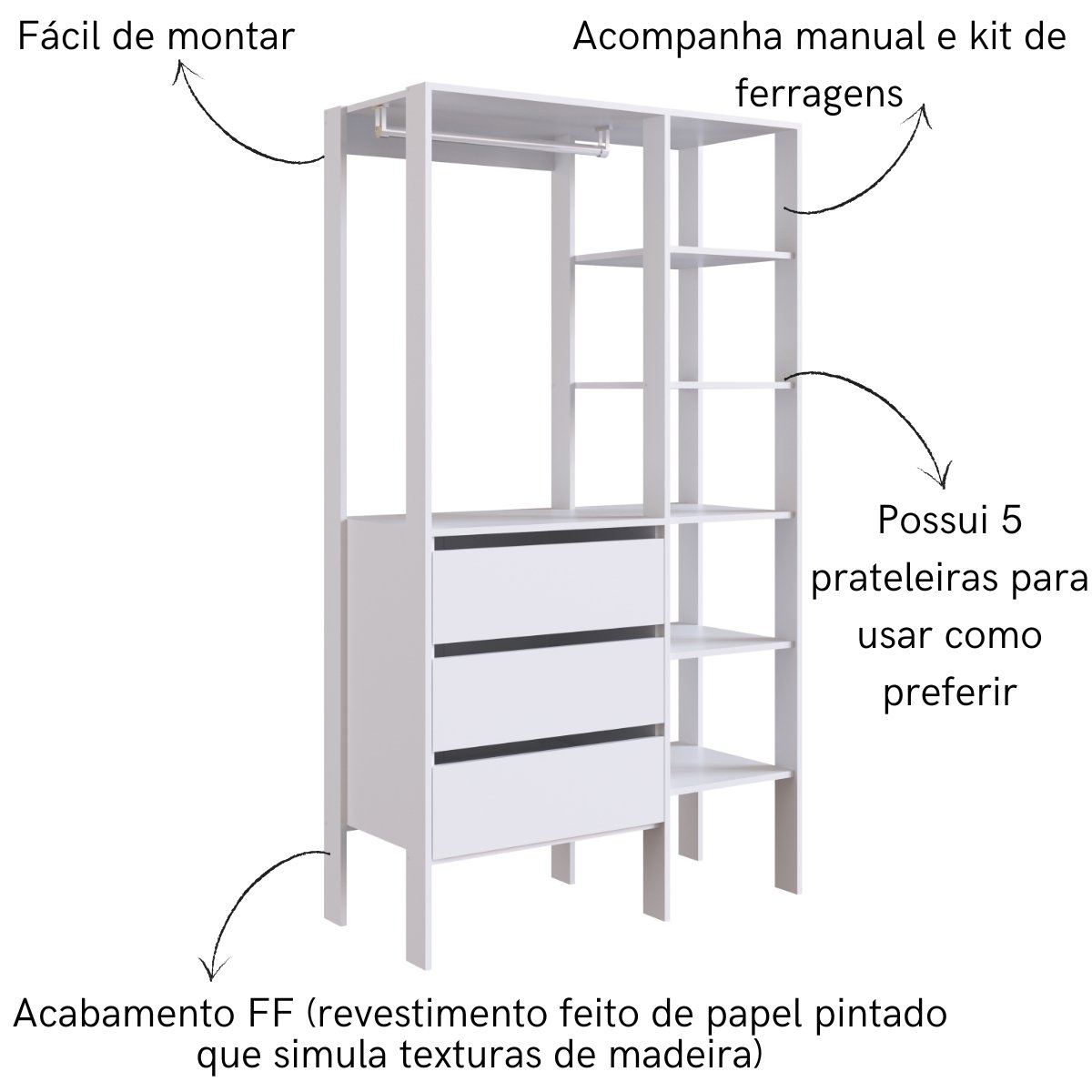 Closet Industrial 3 Gavetas com Cabideiro Branco