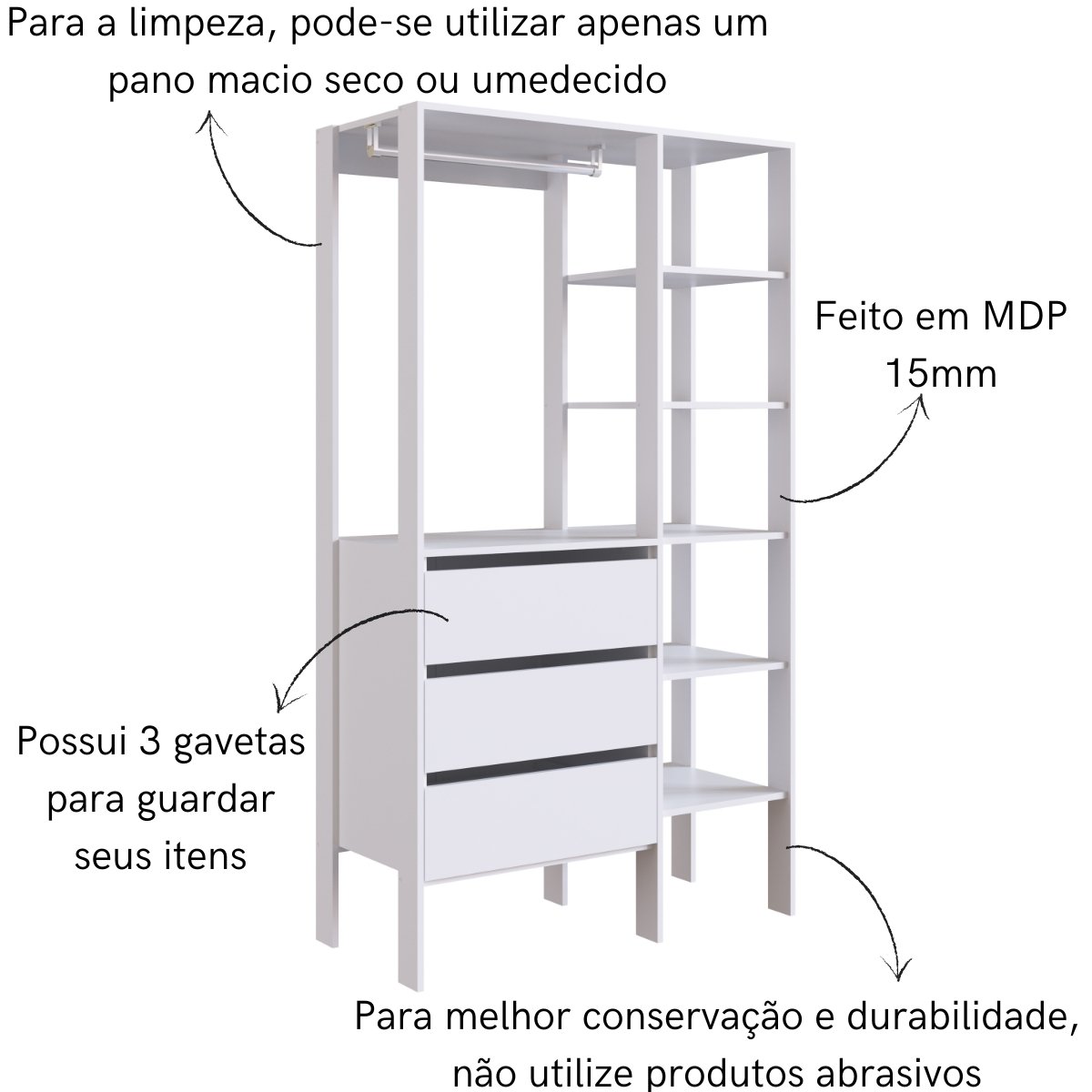 Closet Industrial 3 Gavetas com Cabideiro Branco
