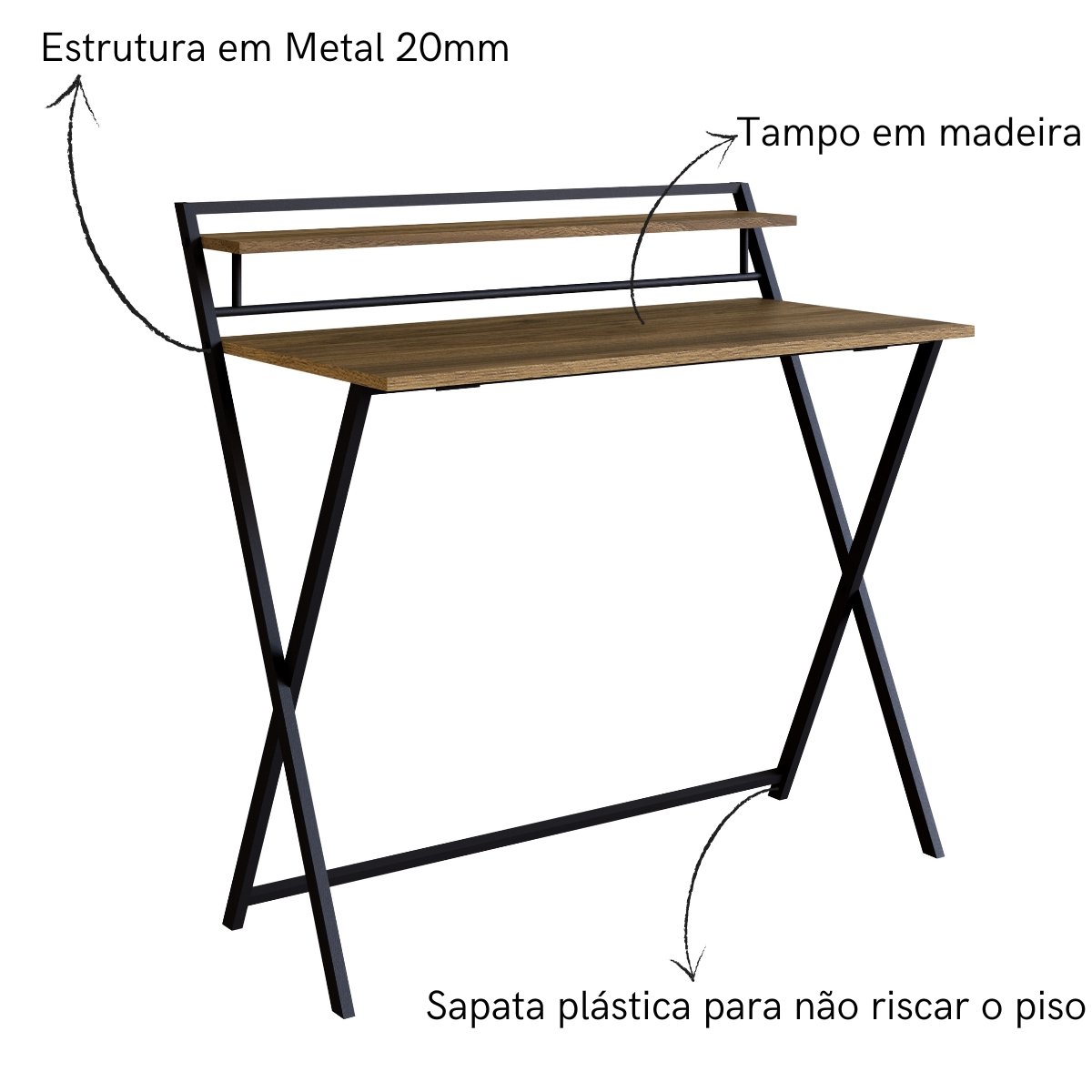 Escrivaninha Industrial Dobrável para Notebook Preto / Noce Oro
