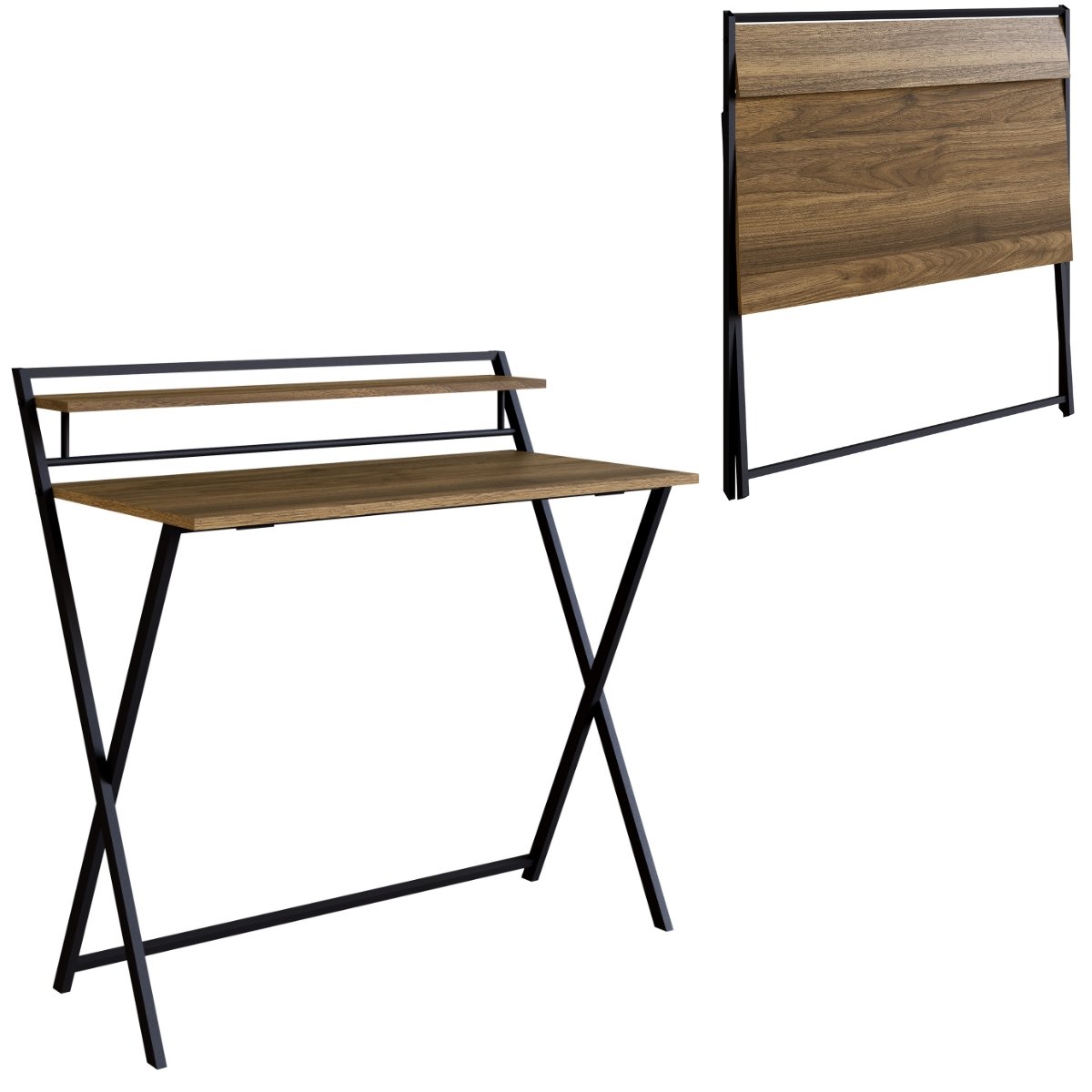Escrivaninha Industrial Dobrável para Notebook Preto / Noce Oro