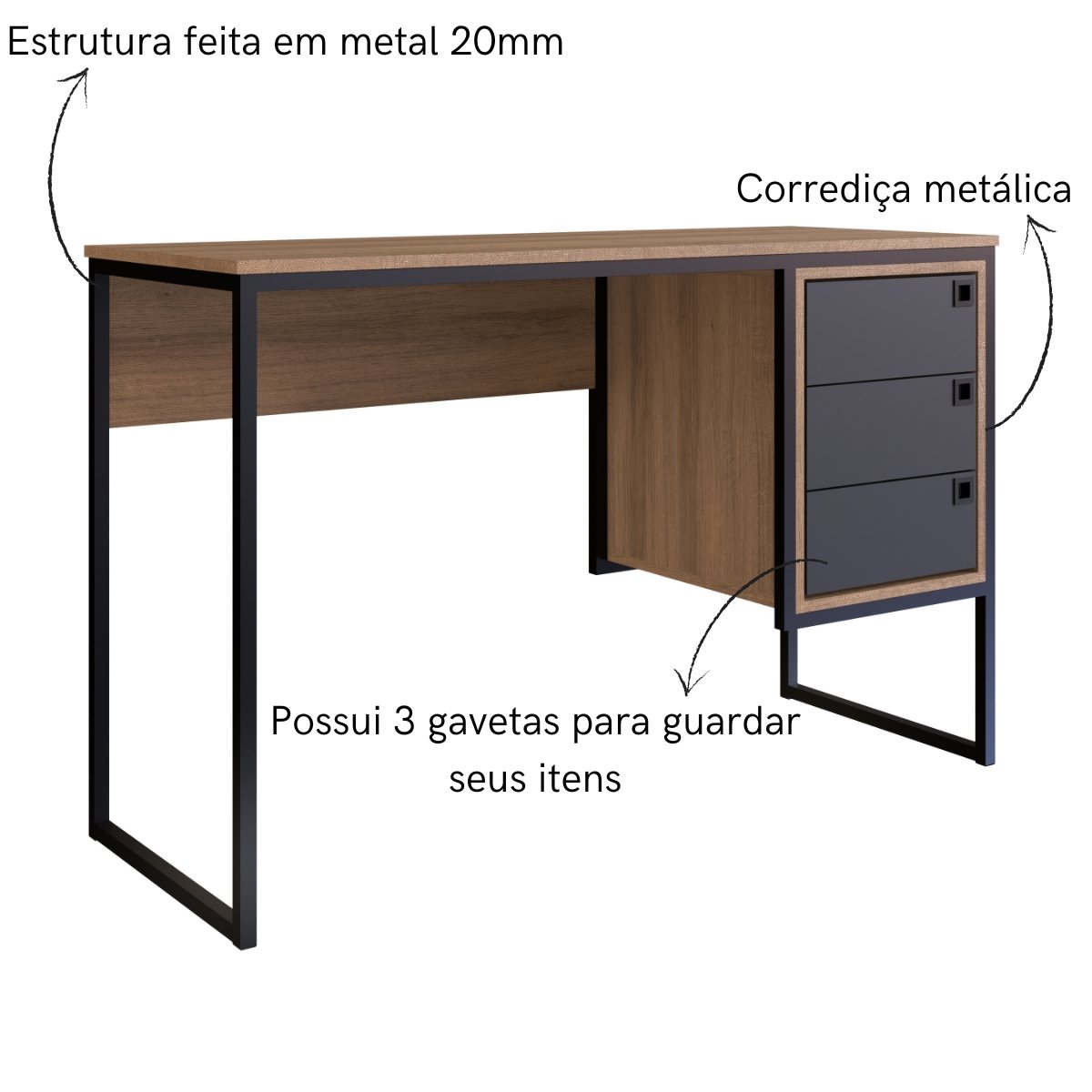 Escrivaninha Mesa Para Computador Industrial 3 Gavetas Grafite / Mel