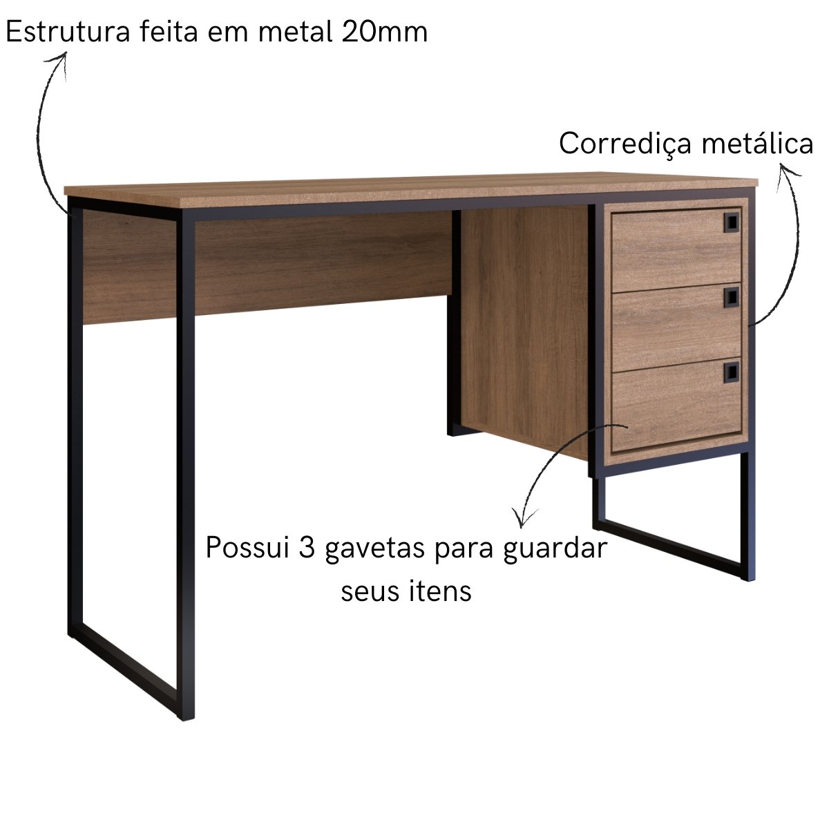 Escrivaninha Mesa Para Computador Industrial 3 Gavetas Mel