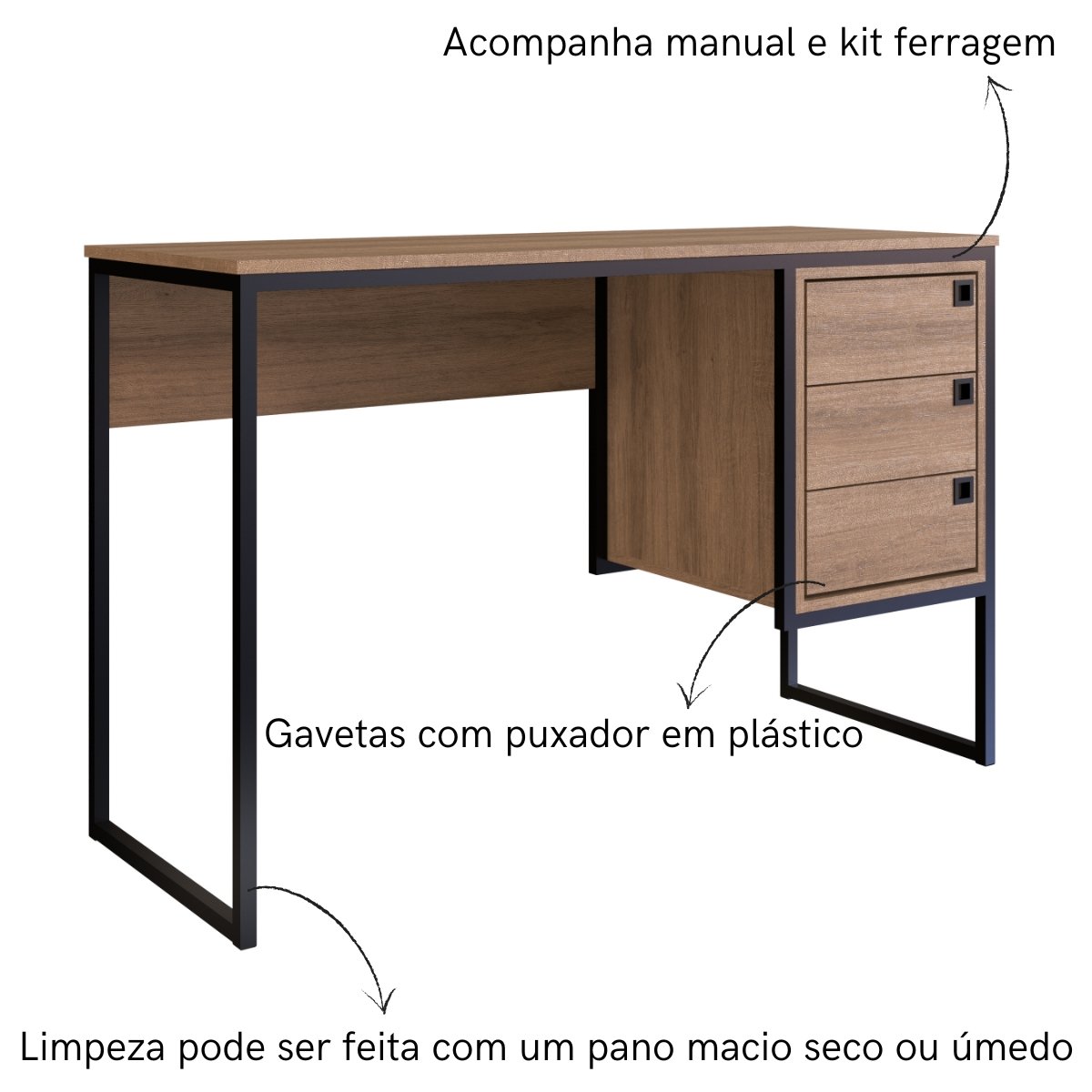 Escrivaninha Mesa Para Computador Industrial 3 Gavetas Mel