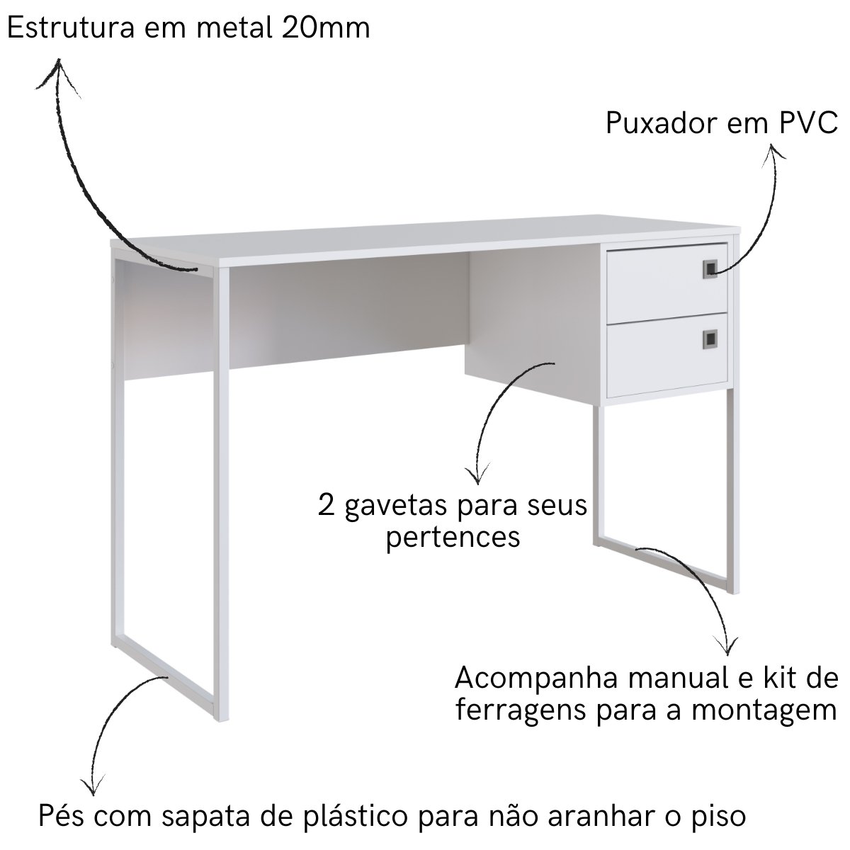 Escrivaninha Mesa de Computador Industrial 2 Gavetas Branco