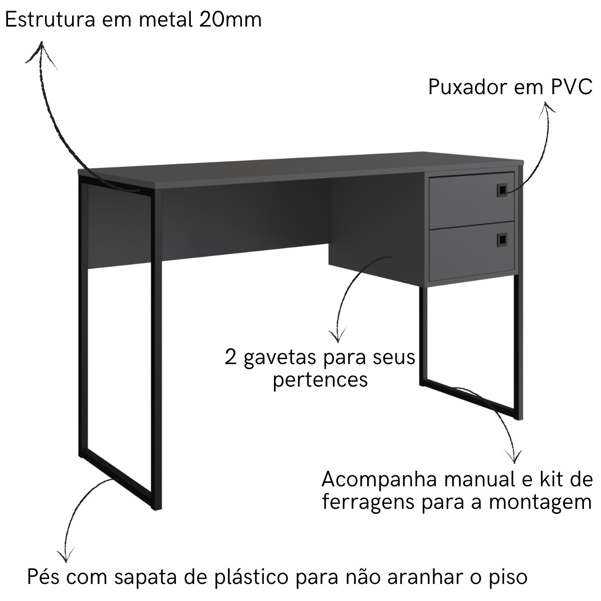 Escrivaninha Mesa de Computador Industrial 2 Gavetas Grafite