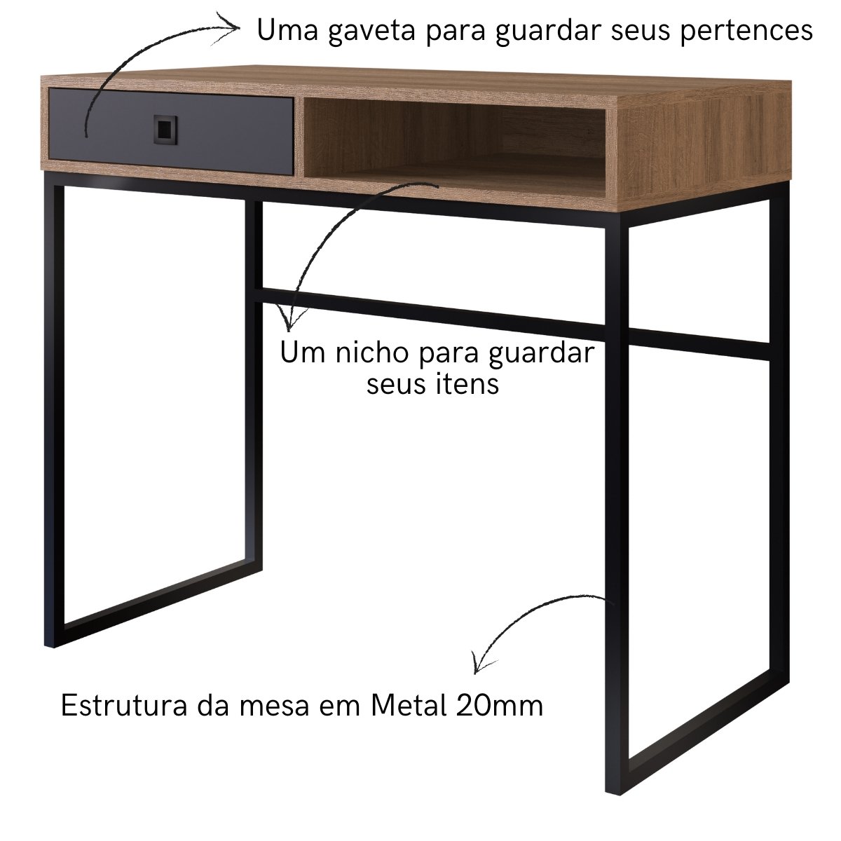 Escrivaninha Mesa de Computador Industrial com Gaveta e Nicho Grafite / Mel