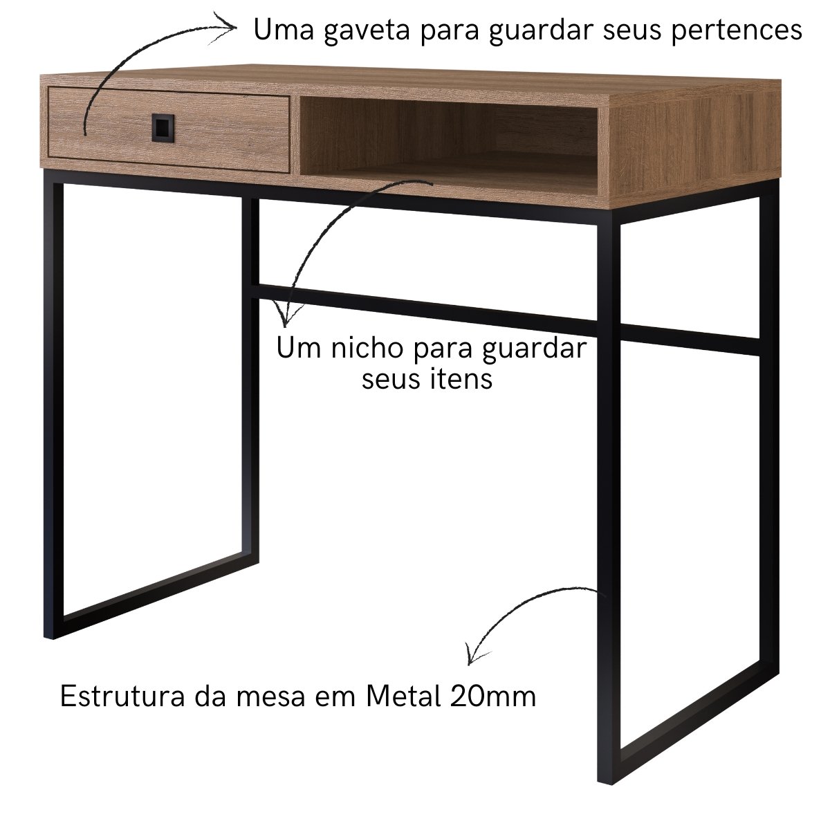 Escrivaninha Mesa de Computador Industrial com Gaveta e Nicho Mel