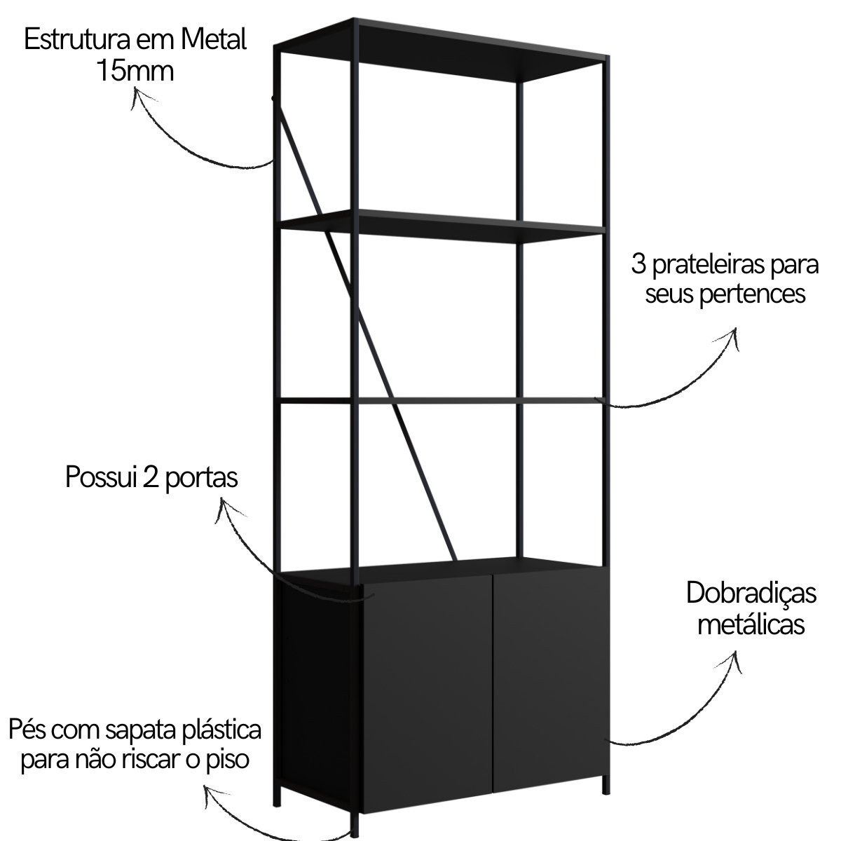 Estante Industrial com 2 Portas e Estrutura Metálica Preto