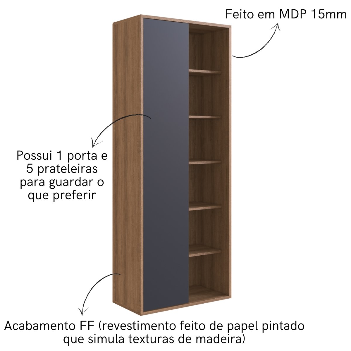 Estante de Livros Multiuso 1 Porta 5 Prateleiras Grafite / Mel