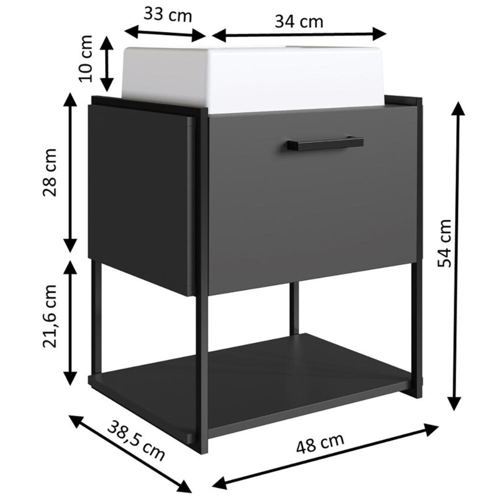 Gabinete Suspenso Banheiro 50x38,5x54cm Porta e Cuba Grafite Industrial