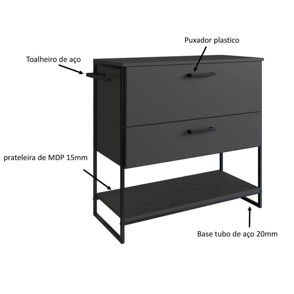 Gabinete para Banheiro 80x37x79cm Preto Grafite Placa e Ponto P1028