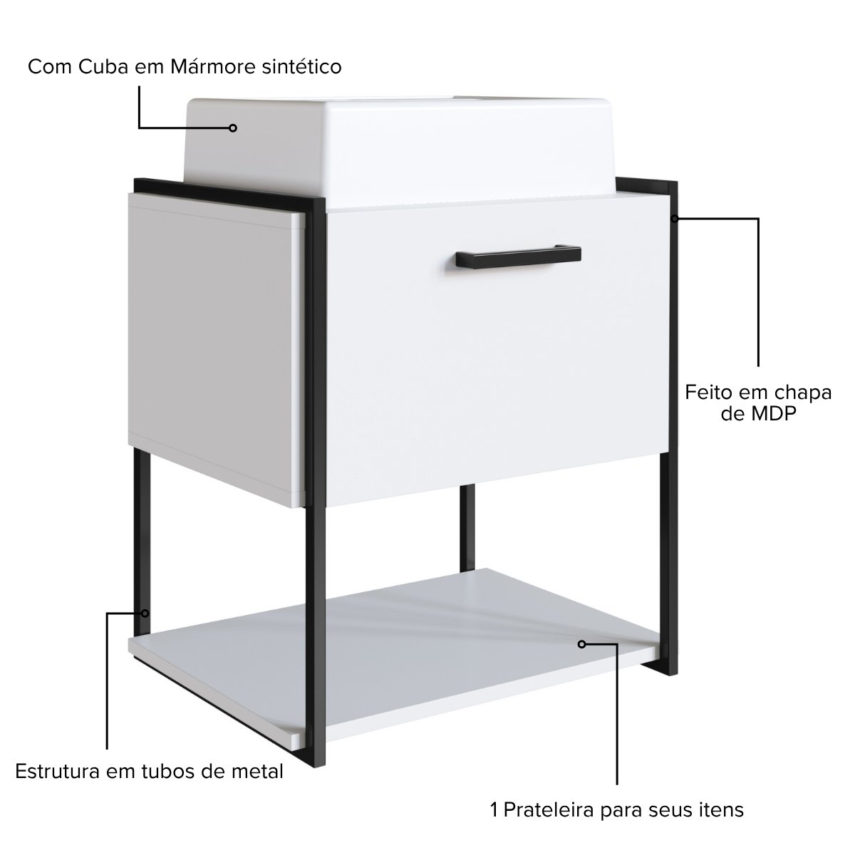 Gabinete para Banheiro Suspenso com Cuba e Porta Basculante Branco
