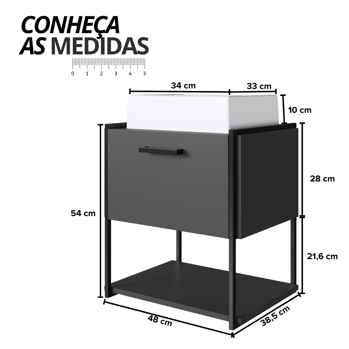 Gabinete para Banheiro Suspenso com Cuba e Porta Basculante Grafite