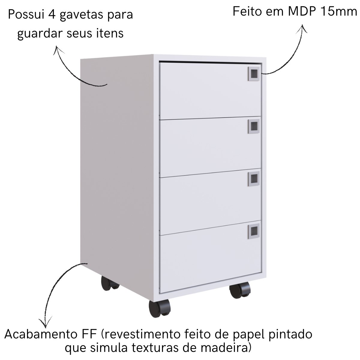 Gaveteiro Multiuso 4 Gavetas com Rodízios Branco