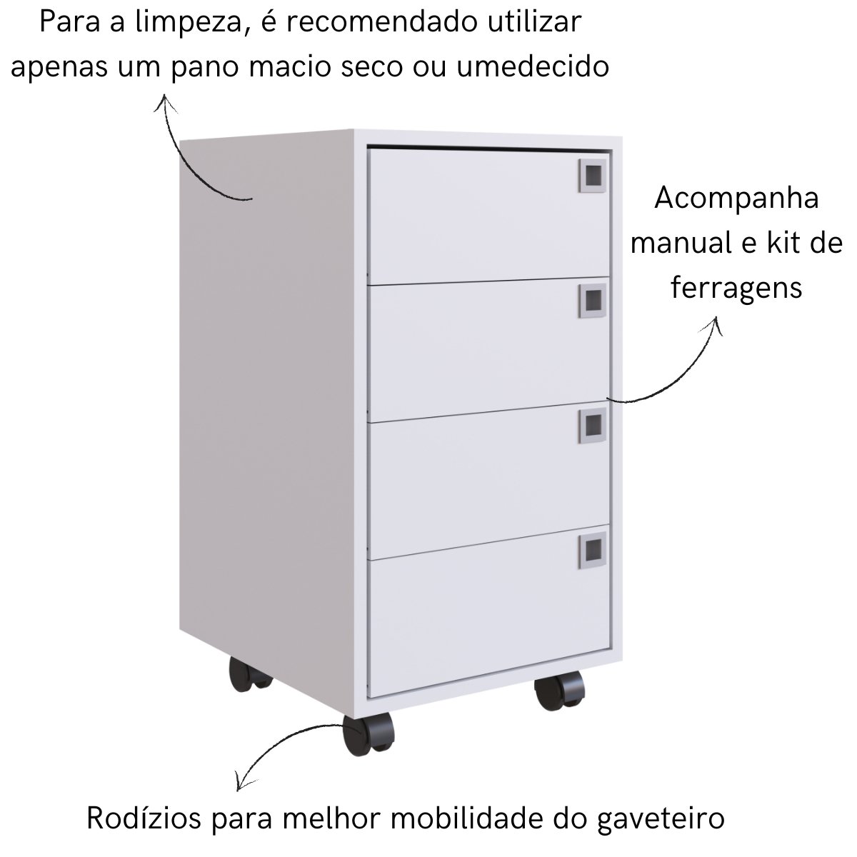 Gaveteiro Multiuso 4 Gavetas com Rodízios Branco