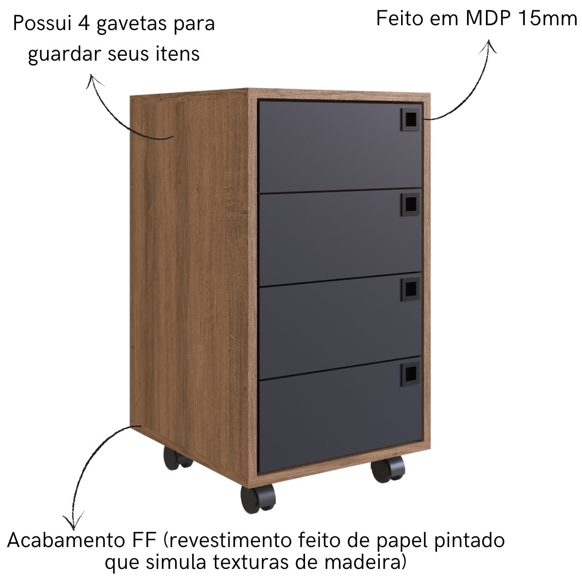 Gaveteiro Multiuso 4 Gavetas com Rodízios Grafite / Mel