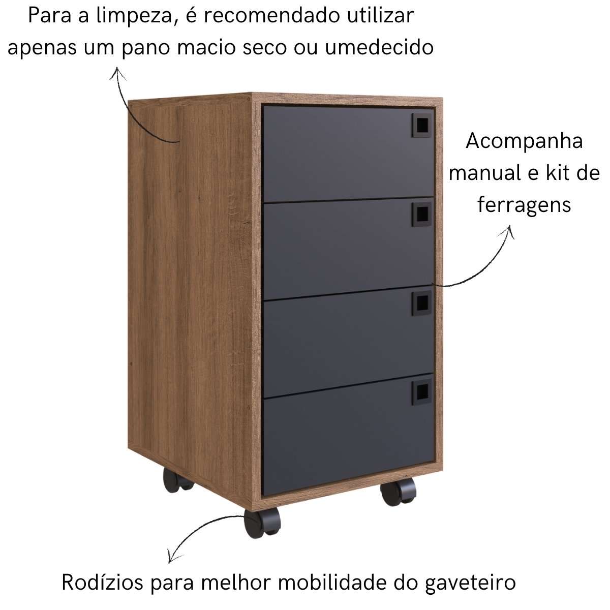 Gaveteiro Multiuso 4 Gavetas com Rodízios Grafite / Mel