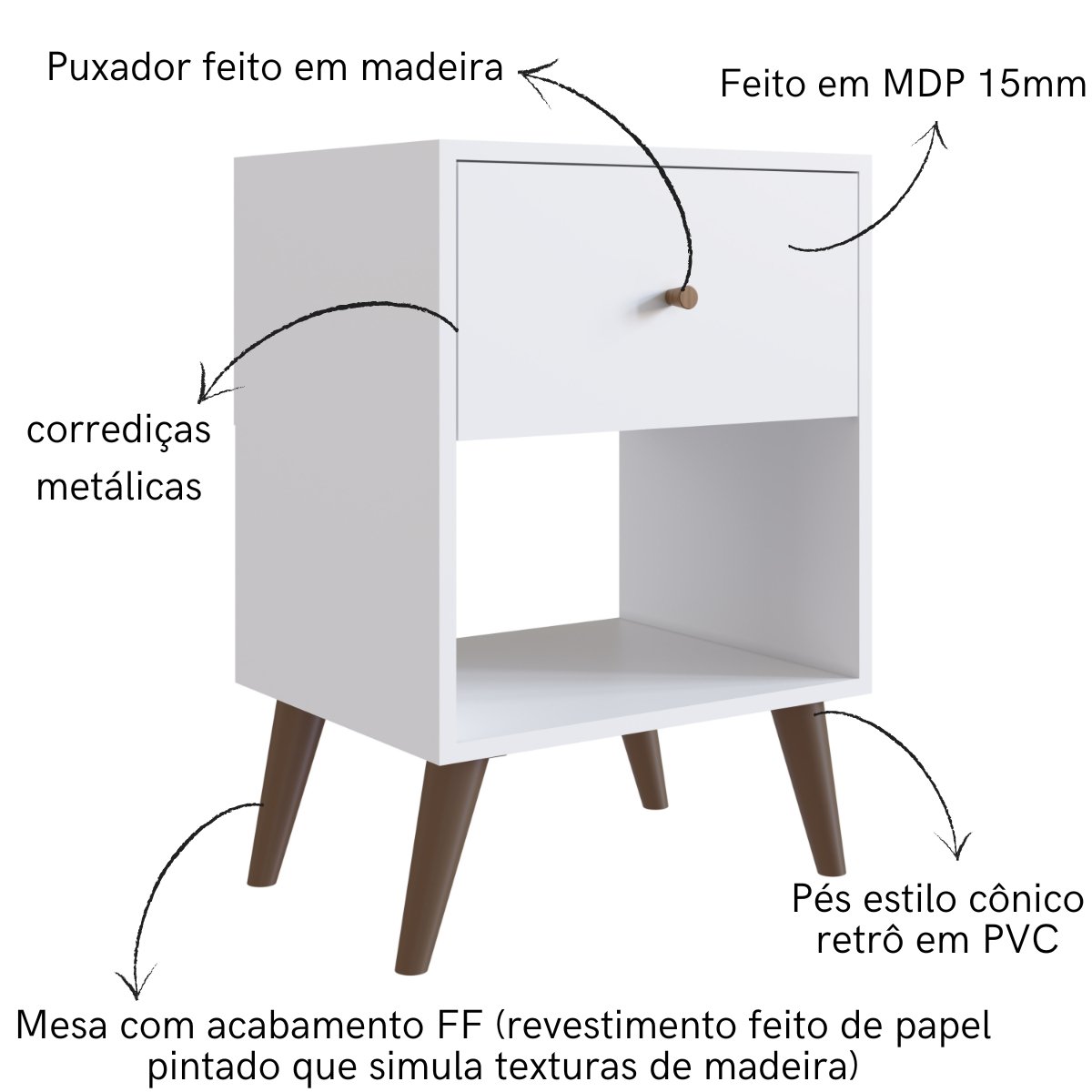Mesa Apoio Lateral e de Cabeceira com Gaveta Retrô Branco