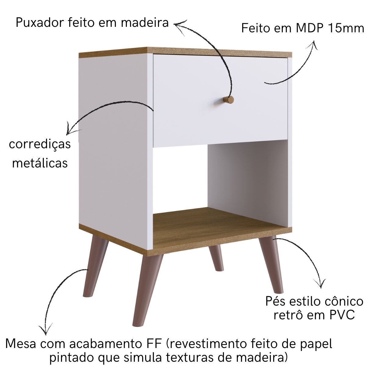 Mesa Apoio Lateral e de Cabeceira com Gaveta Retrô Branco e Mel