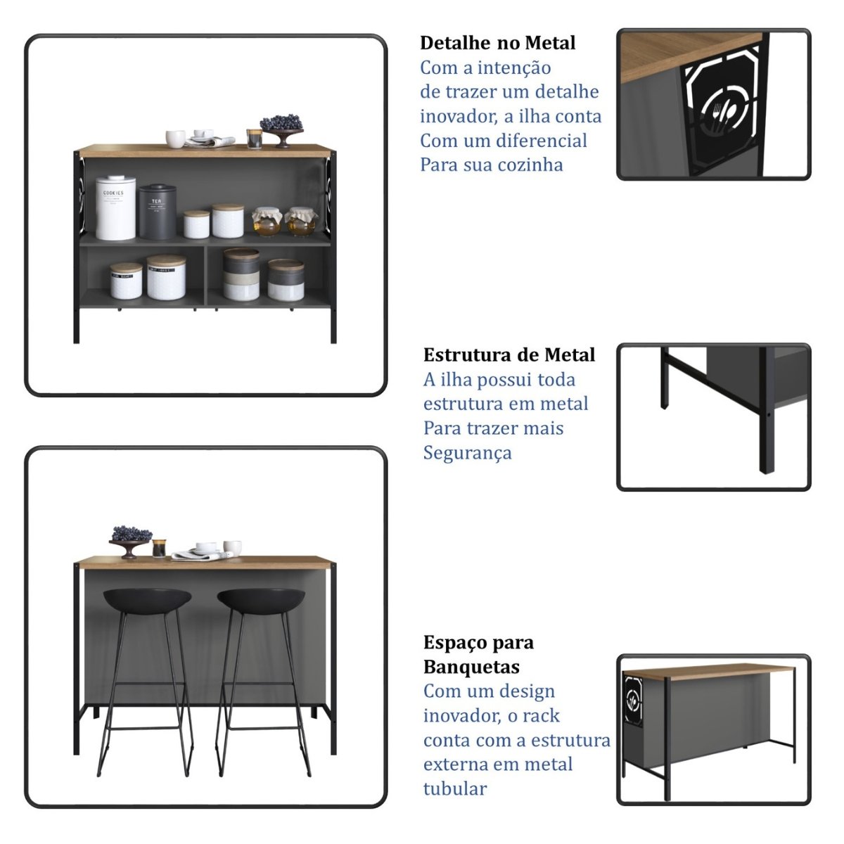 Mesa Bancada de Cozinha Industrial Gourmet Mel / Grafite