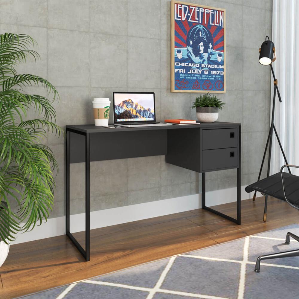 Mesa De Computador Escrivaninha Com Gaveta em Grafite 120cm Placa e Ponto Estilo Industrial