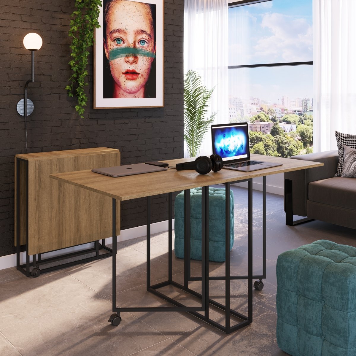 Mesa Dobrável de Metal Estilo Industrial Multiuso Preto / Mel