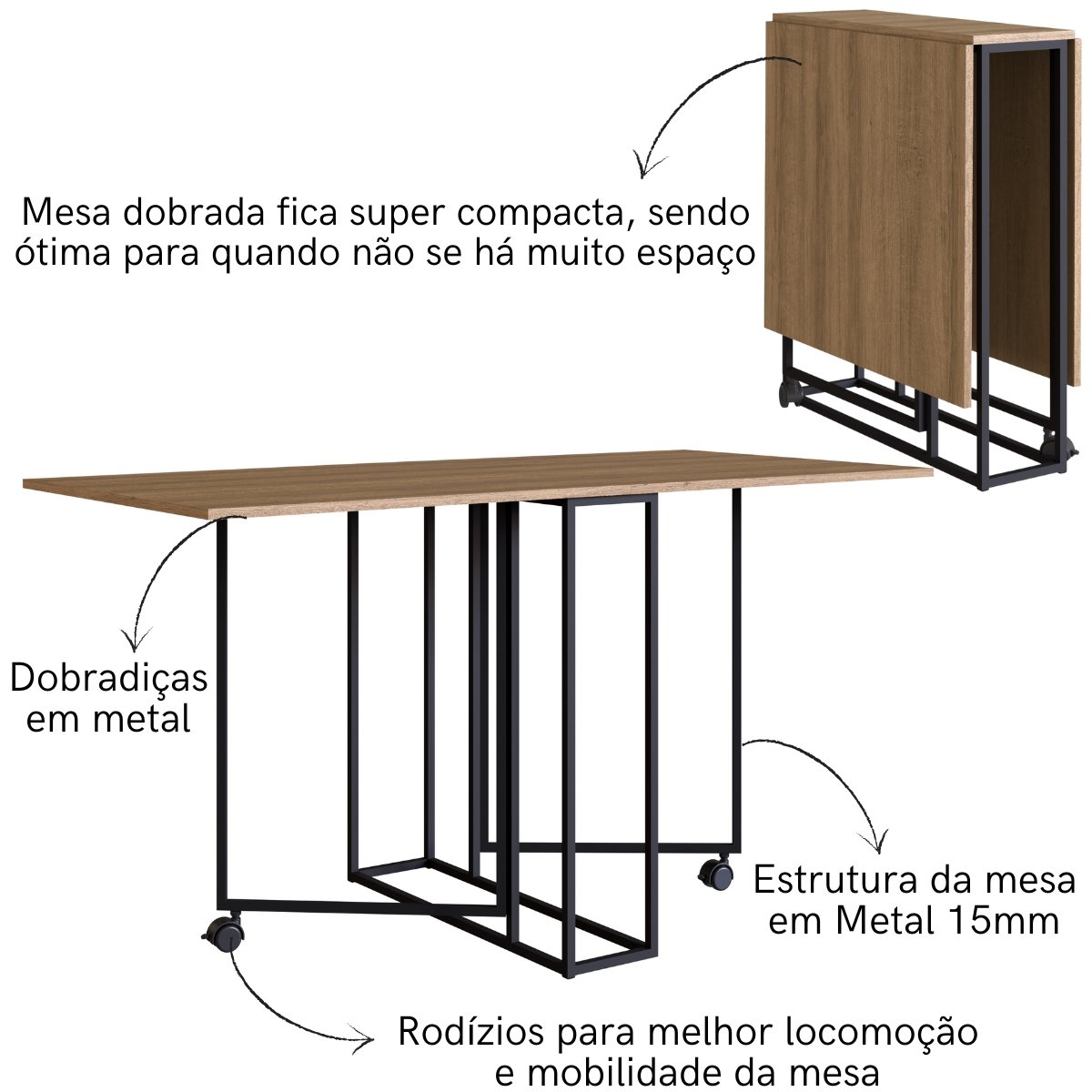 Mesa Dobrável de Metal Estilo Industrial Multiuso Preto / Mel