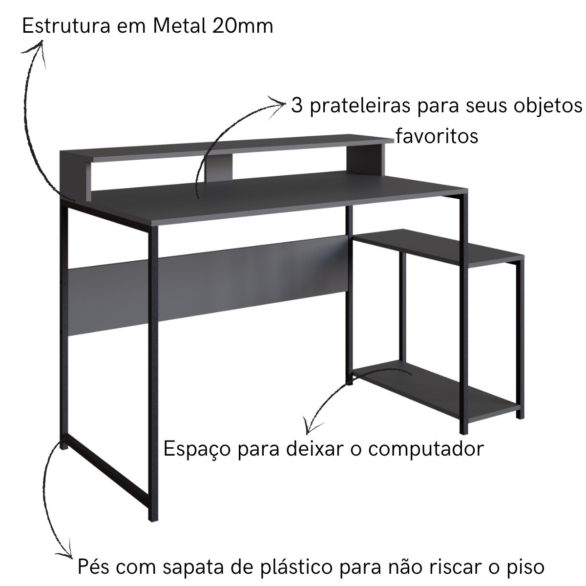 Mesa Gamer Industrial para Computador Ryze Preto / Grafite